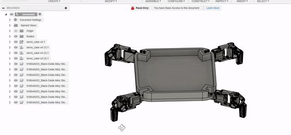 Quadruped chassis, servo cases modeled
